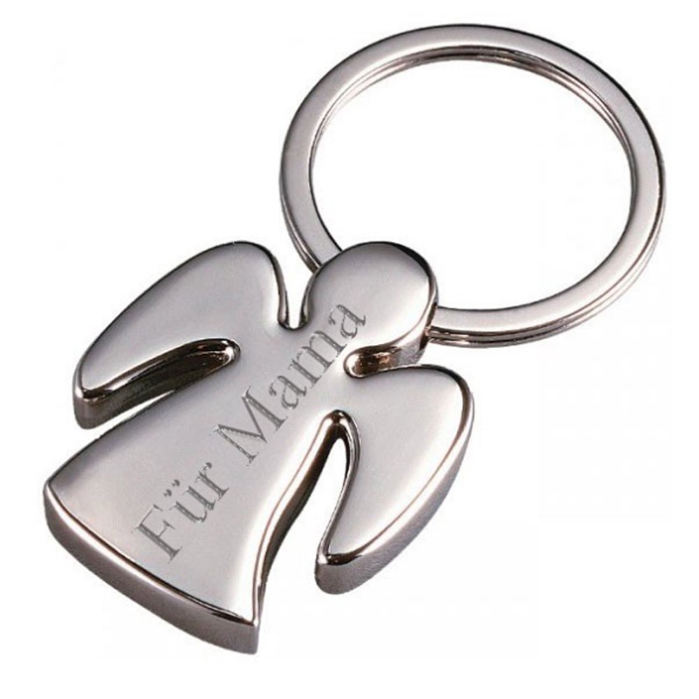 Der schicke Schutzengel Schlüsselanhänger ist silber und glänzend und wird mit Deinem Wunschtext graviert.
