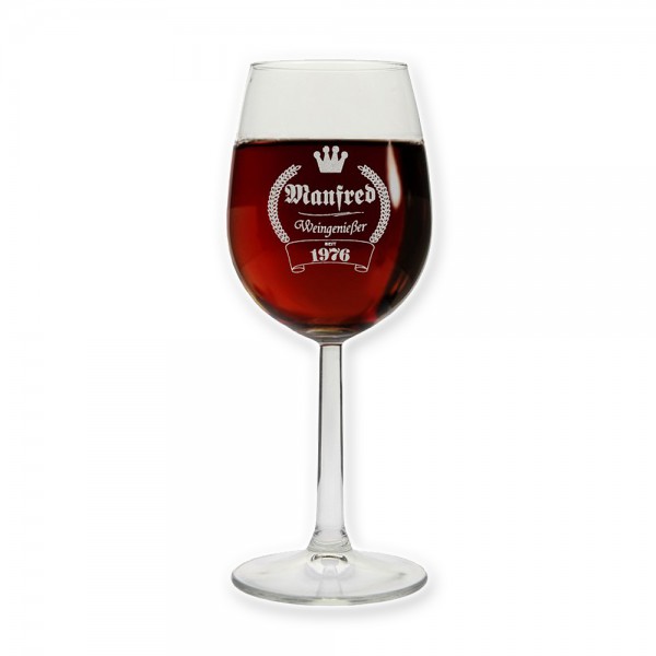 Edles Weinglas, graviert mit tollem "Weingenießer seit"-Emblem sowie gewünschtem Vornamen und Jahrgang!