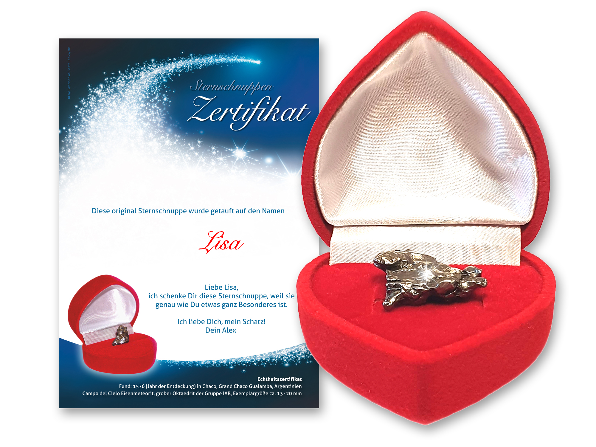 Verschenke eine echte Sternschnuppe, eingelegt in eine dekorative rote Herzbox und mit Deinem ganz persönlichen Widmungszertifikat!