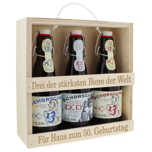 Das Starkbier-Set für starke Männer: drei der stärksten Biere der Welt, rustikal präsentiert in einer praktischen Holzbox mit Tragekordel!