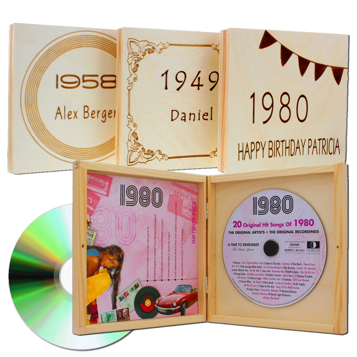 Jahrgangs-Musik-CD mit Gravur auf Holzverpackung