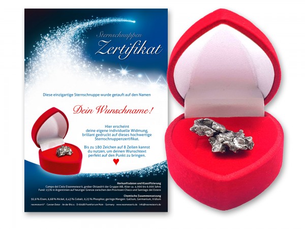 Echte Sternschnuppe in roter Herzbox inkl. personalisiertem Sternschnuppenzertifikat als Geburtstagsgeschenk, zum Jahrestag oder zu Weihnachten oder als Valentinstag Geschenk
